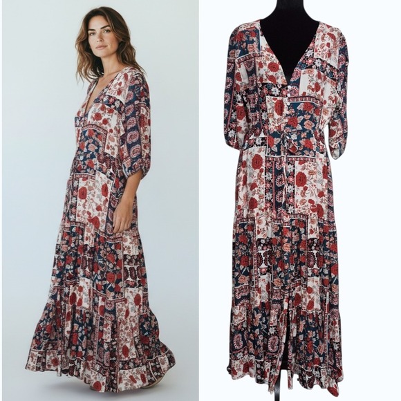 The Unbranded Brand Dresses & Skirts - Boho Patchwork Floral Paisley Maxi Dress Vneck Tiered Puff Sleeve Red Navy Cream